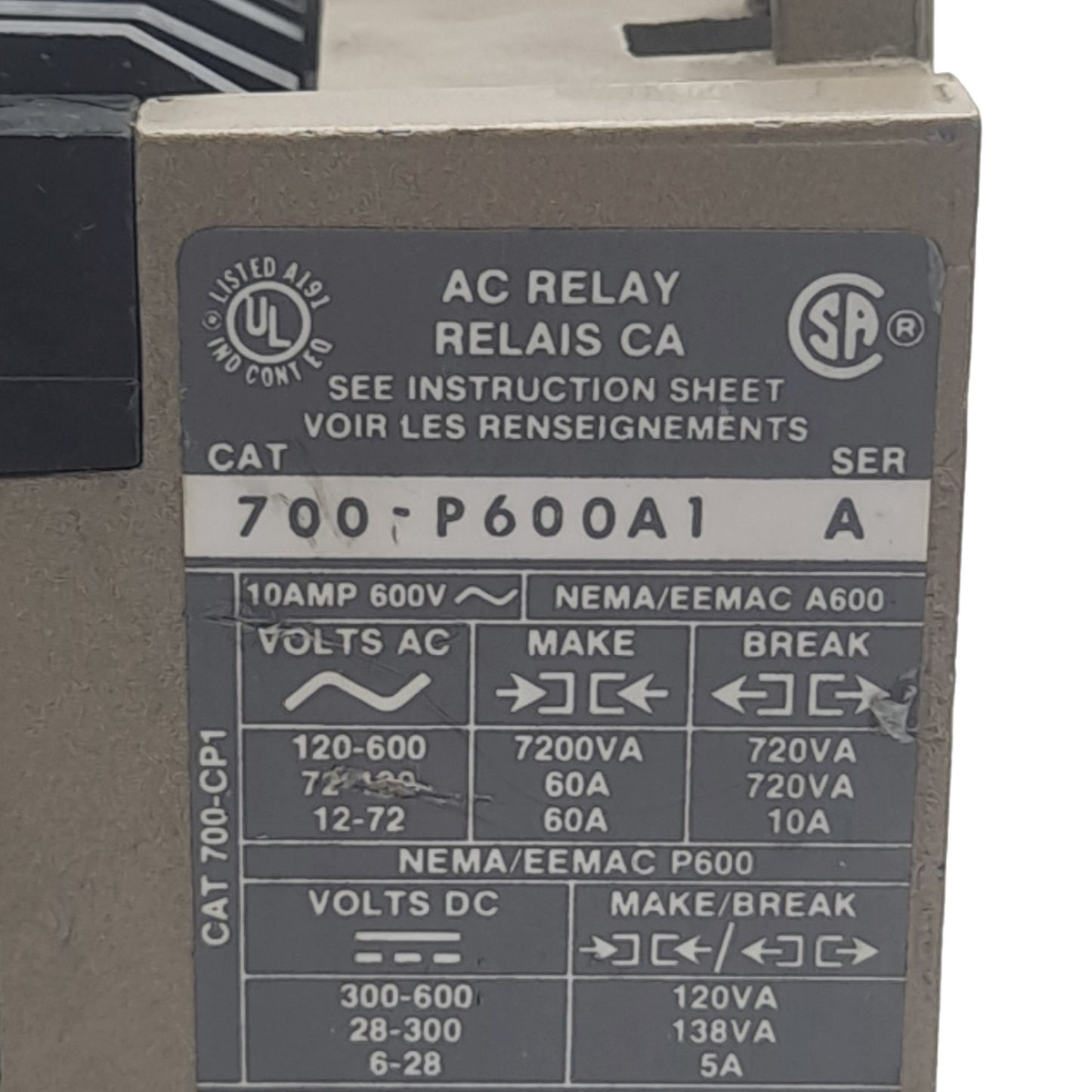 Used Allen-Bradley 700-P600A1 Series B General Purpose Relay 115-120VAC Coil Voltage