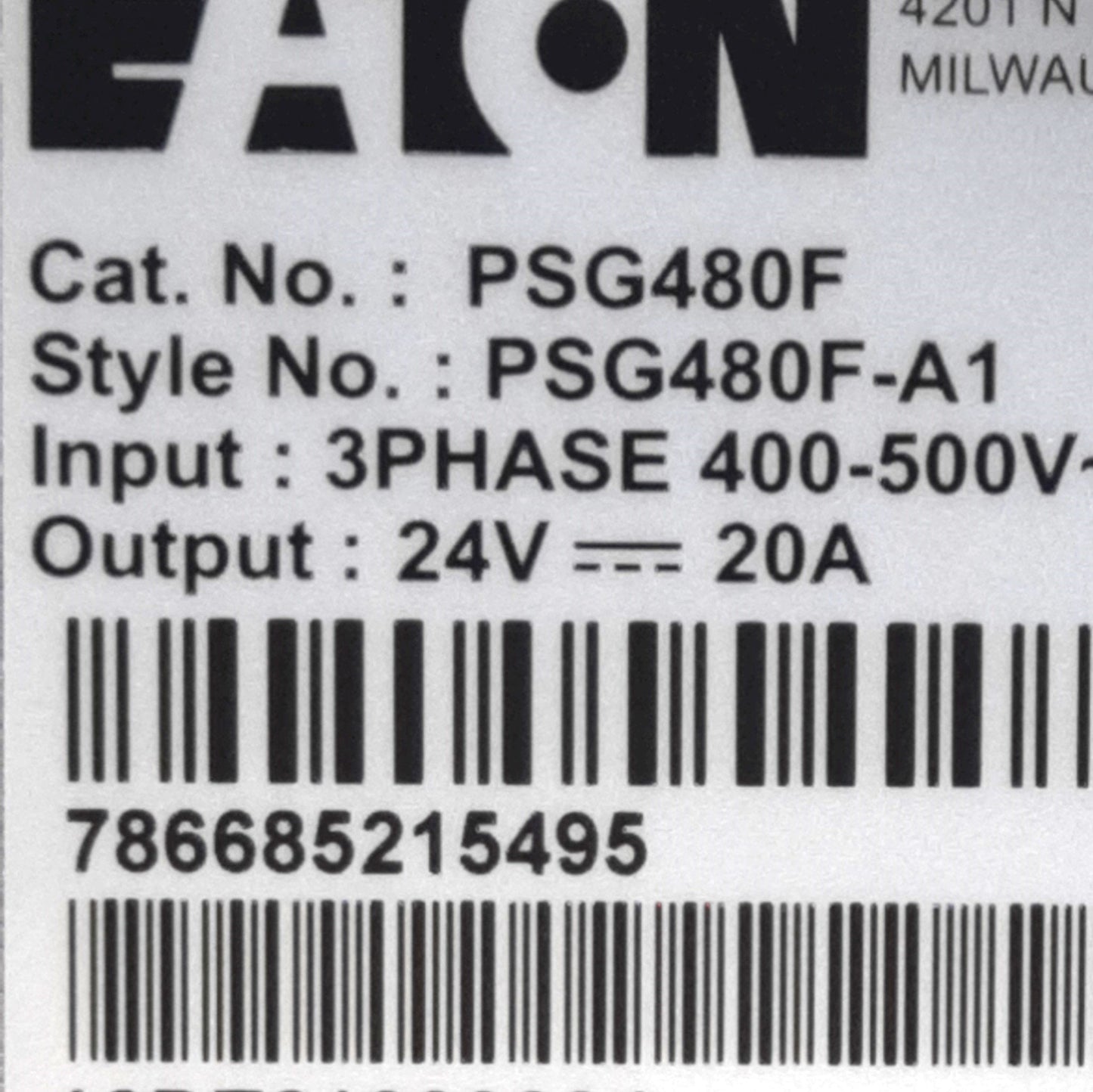 New Eaton PSG480F-A1 Power Supply, 480W, 3-Phase 400-500VAC 1.4A In, 24VDC 20A Out