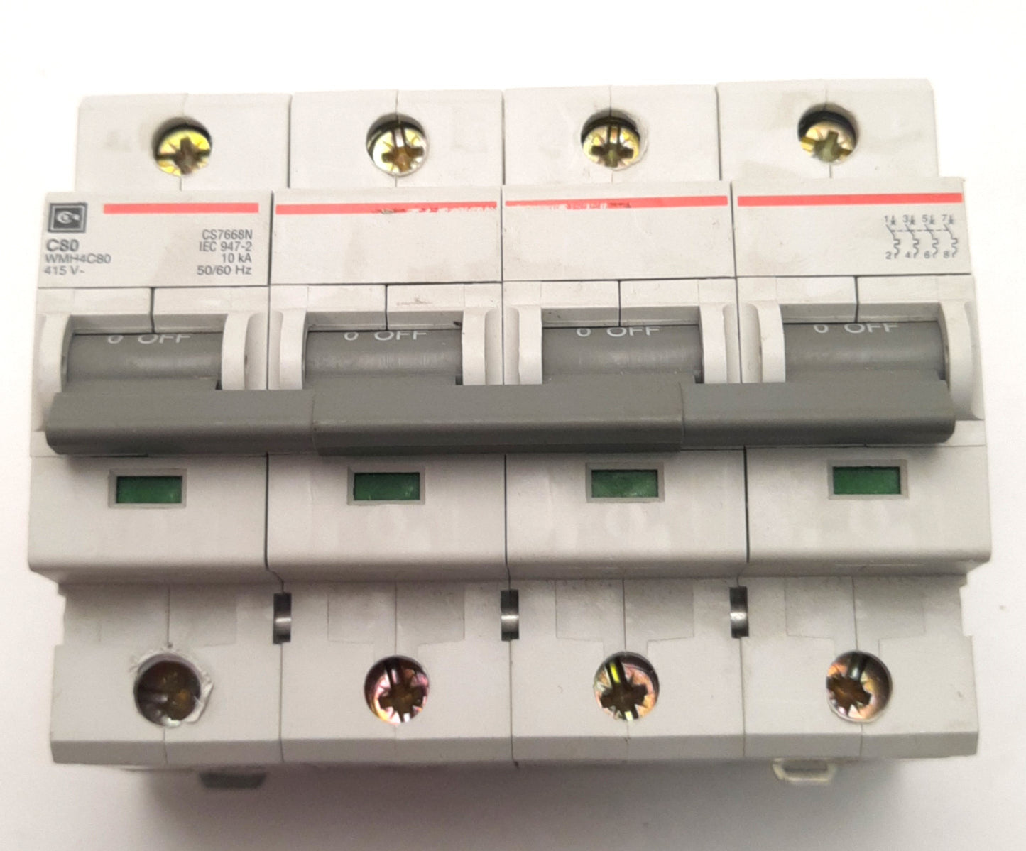 Used Cutler Hammer WMH4C80 Circuit Breaker 4-Pole, Rating: 415VAC 80A, DIN Rail Mount