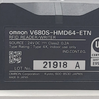 New – Open box Omron V680S-HMD64-ETN RFID Reader/Writer, 24VDC Power, 8Kb Memory, 3-40mm Range