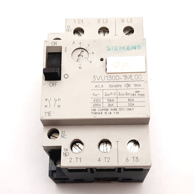 Used Siemens 3VU1300-1ML00 Manual Motor Starter, 3-Pole, Current: 6-10A, Voltage 690V