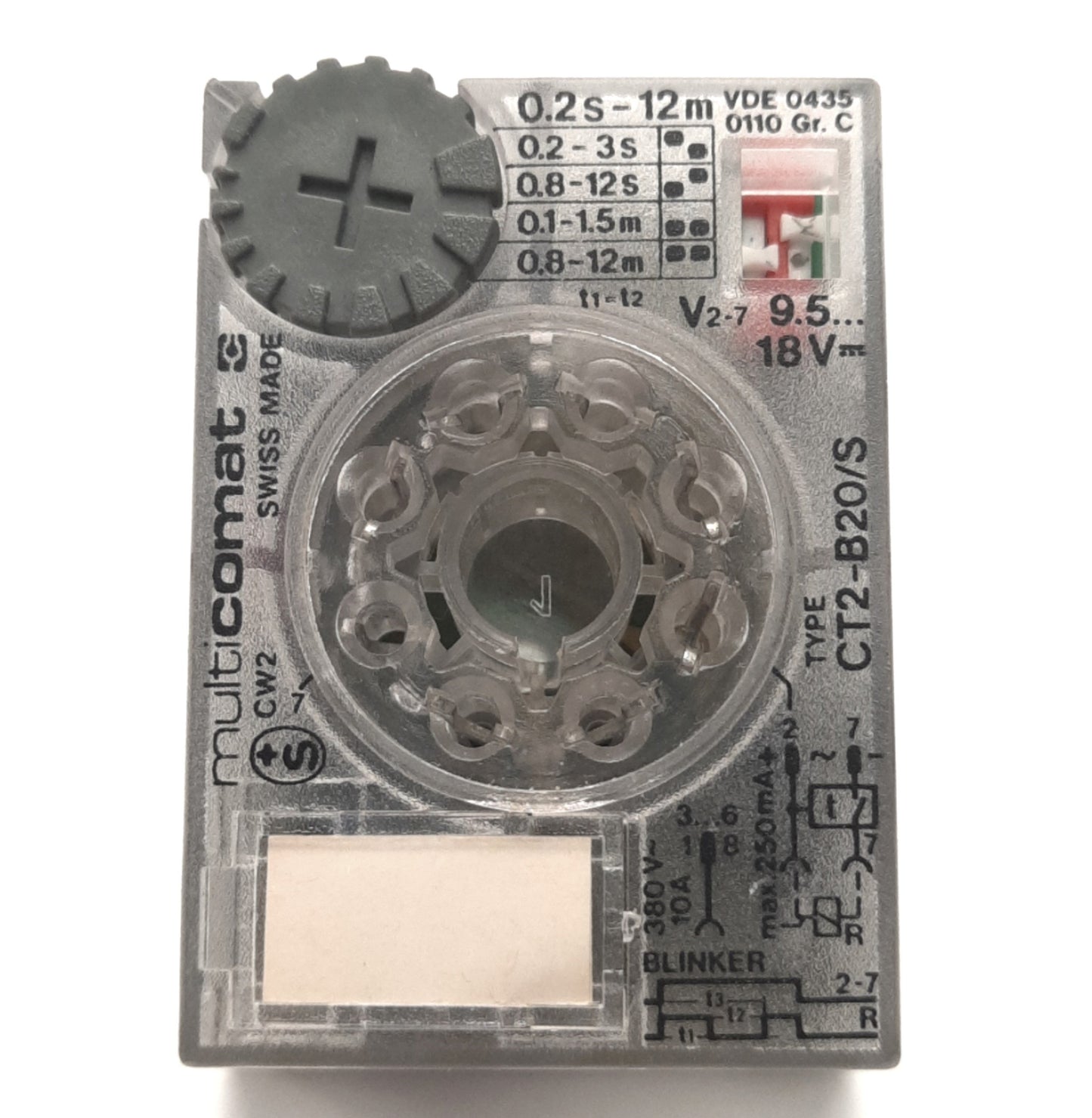 Used Multicomat CT2-B20/S Time Delay Relay Cube/Socket 380v 10A, 0.2S-12M, 9.5-18V