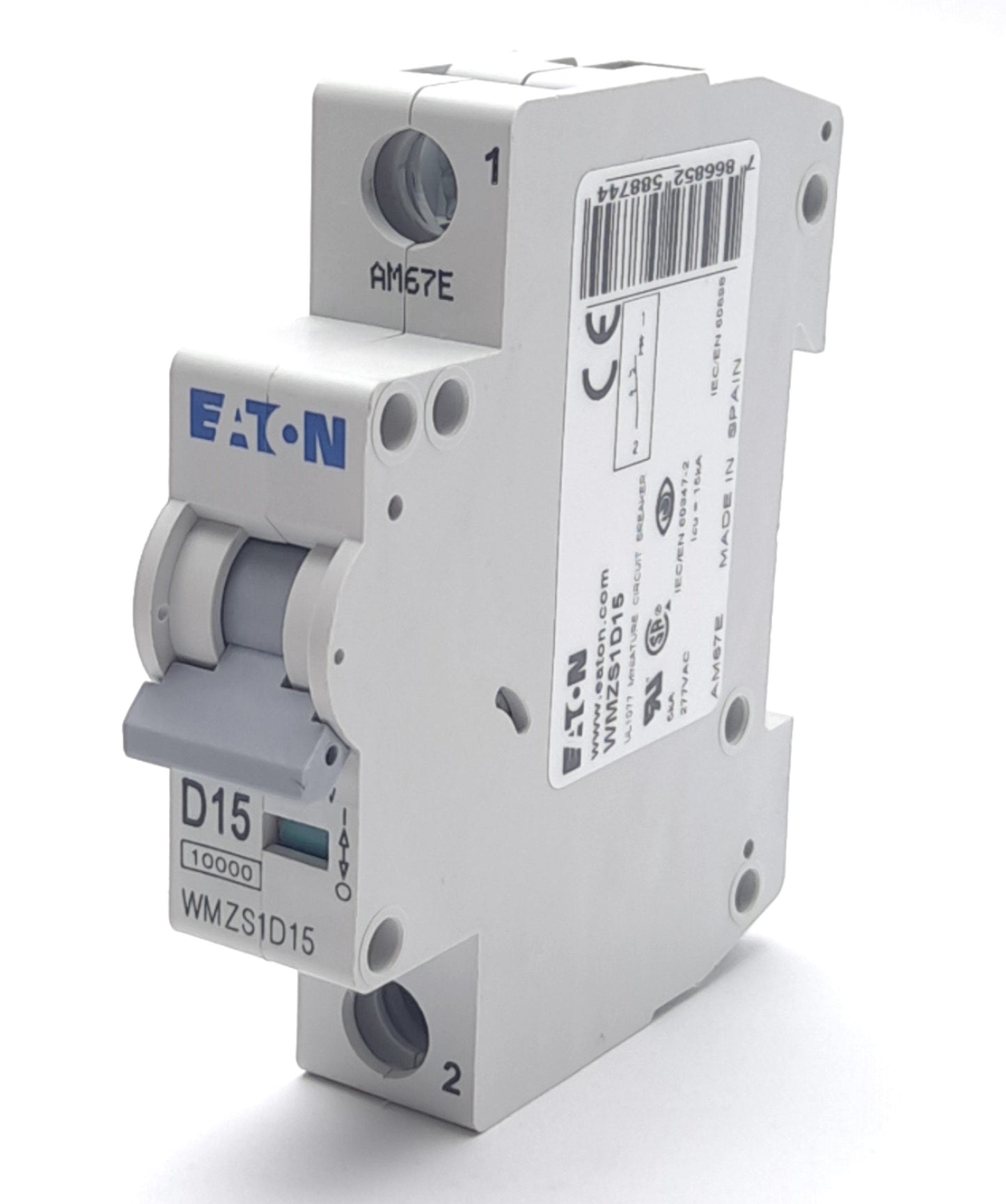 New Eaton WMZS1D15 Circuit Breaker, 15A, 277VAC, Single Pole Type D, DIN Rail Mount