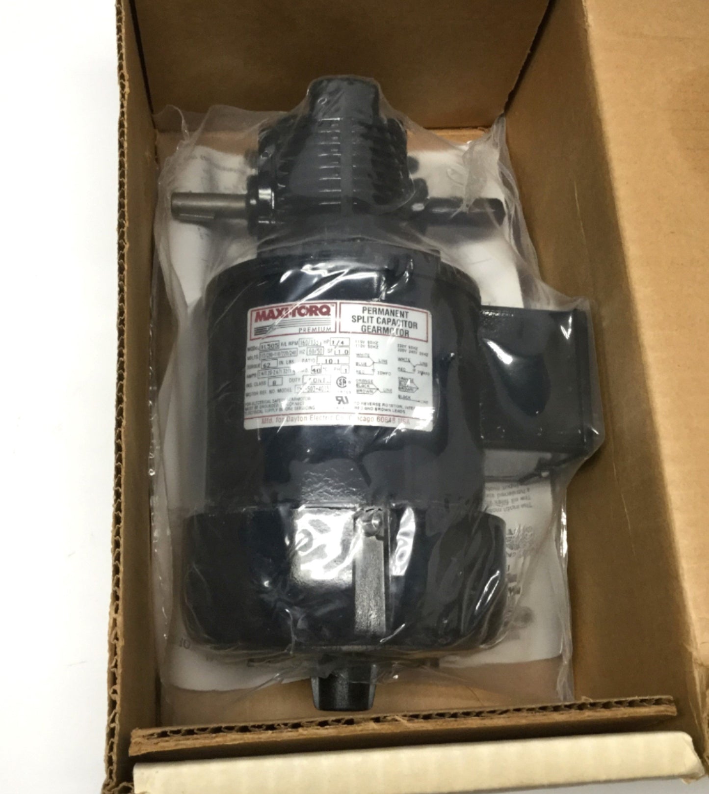 New Dayton 1L505 Maxi-Torq Permanent Split Cap Gearmotor 160RPM, 115/230VAC, 1/4HP