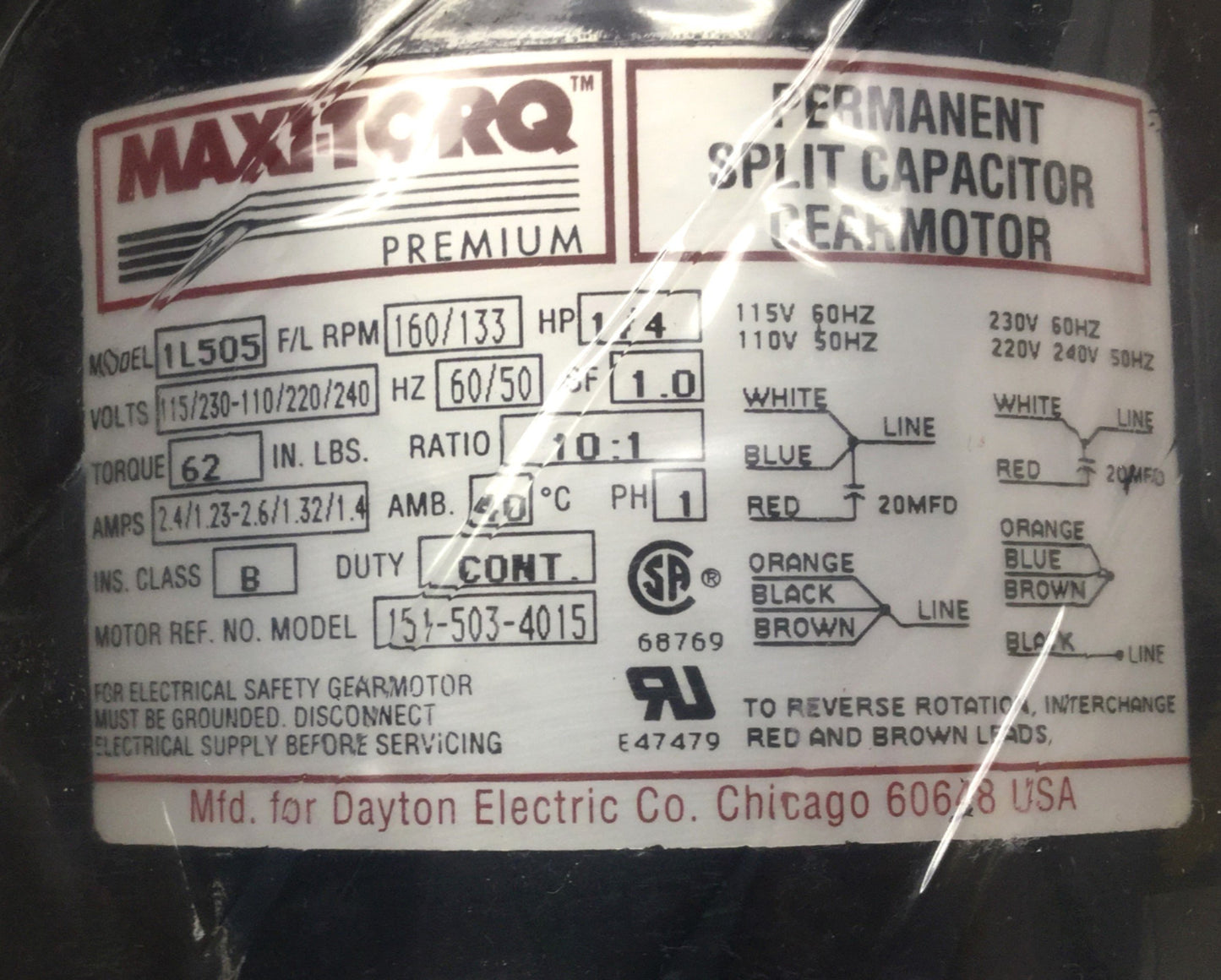 New Dayton 1L505 Maxi-Torq Permanent Split Cap Gearmotor 160RPM, 115/230VAC, 1/4HP