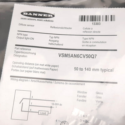 New Banner VSM5AN6CV50Q7 Photoelectric Sensor, 50-140mm, 10-30VDC, NPN, 3-Pin Pico