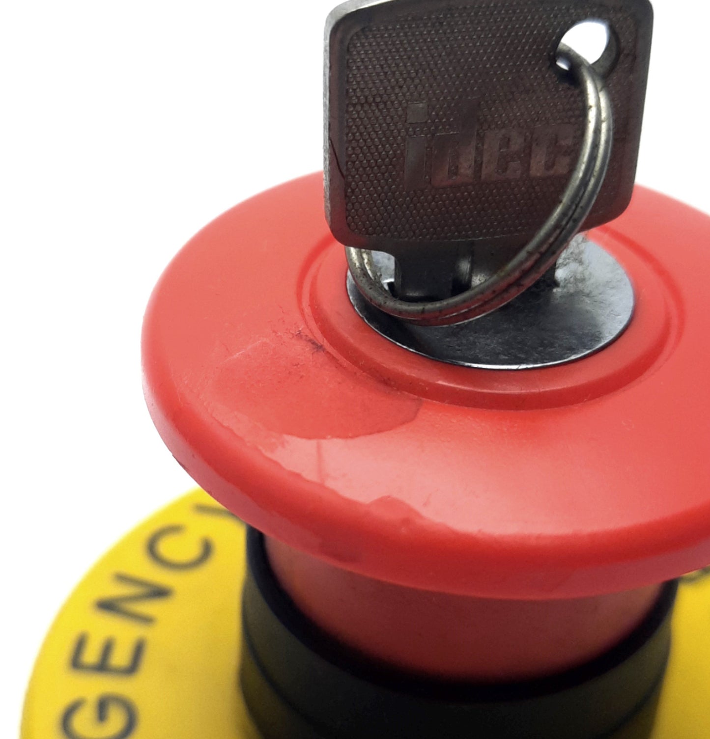 Used Idec HW1B-X4F02-R E-Stop Switch, 40mm, Key Reset, 2NC, (Emergency Stop) Legend