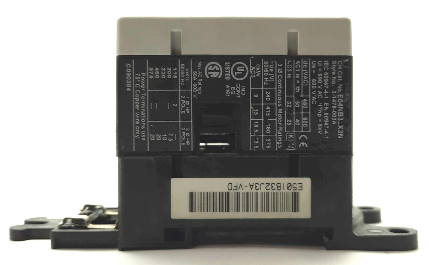 Used Eaton E04NB32X3N Motor Contactor, 3-Pole, 600VAC 32A, 24VDC Coil, DIN Rail