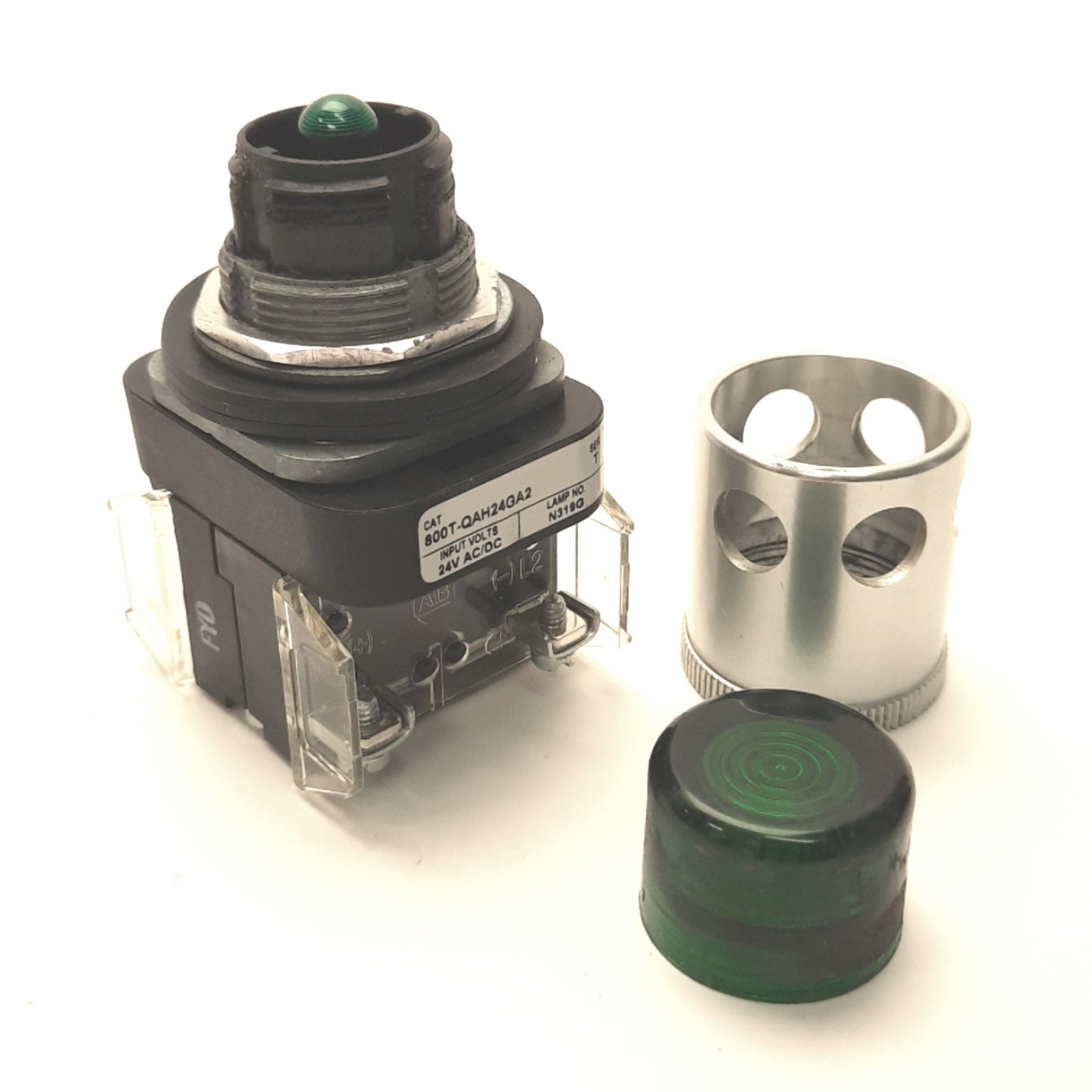 Used Allen Bradley 800T-QAH24GA2 Illuminated Pushbutton, w/Guard, Green, 24v AC/DC