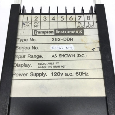 Used Crompton 262-DDR LED Digital Panel Voltage Meter 50mV-600VDC Range, 120VAC 60Hz