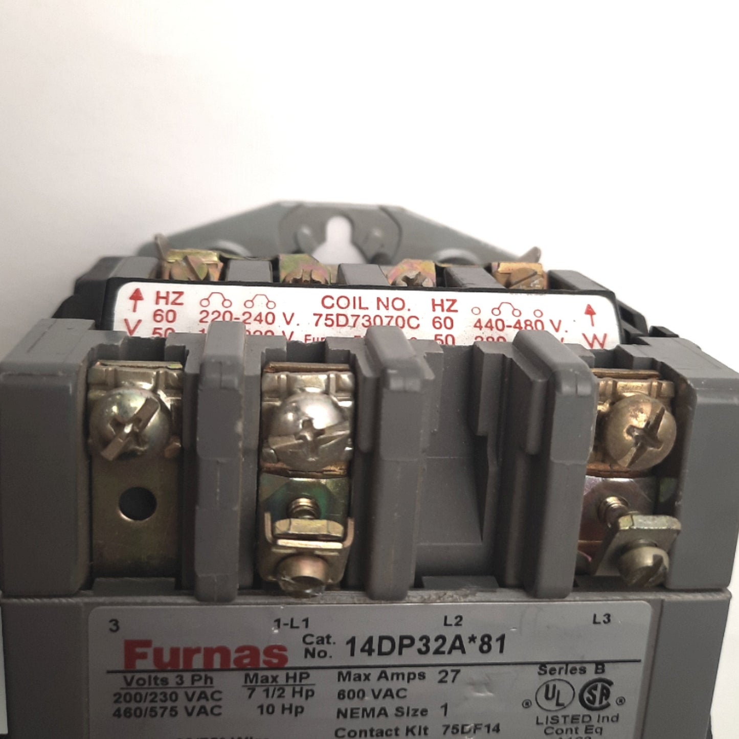 Used Furnas 14DP32A*81 Starter 3 Phase, 27A 600v AC, 10HP, NEMA Size 1, 240/480v Coil