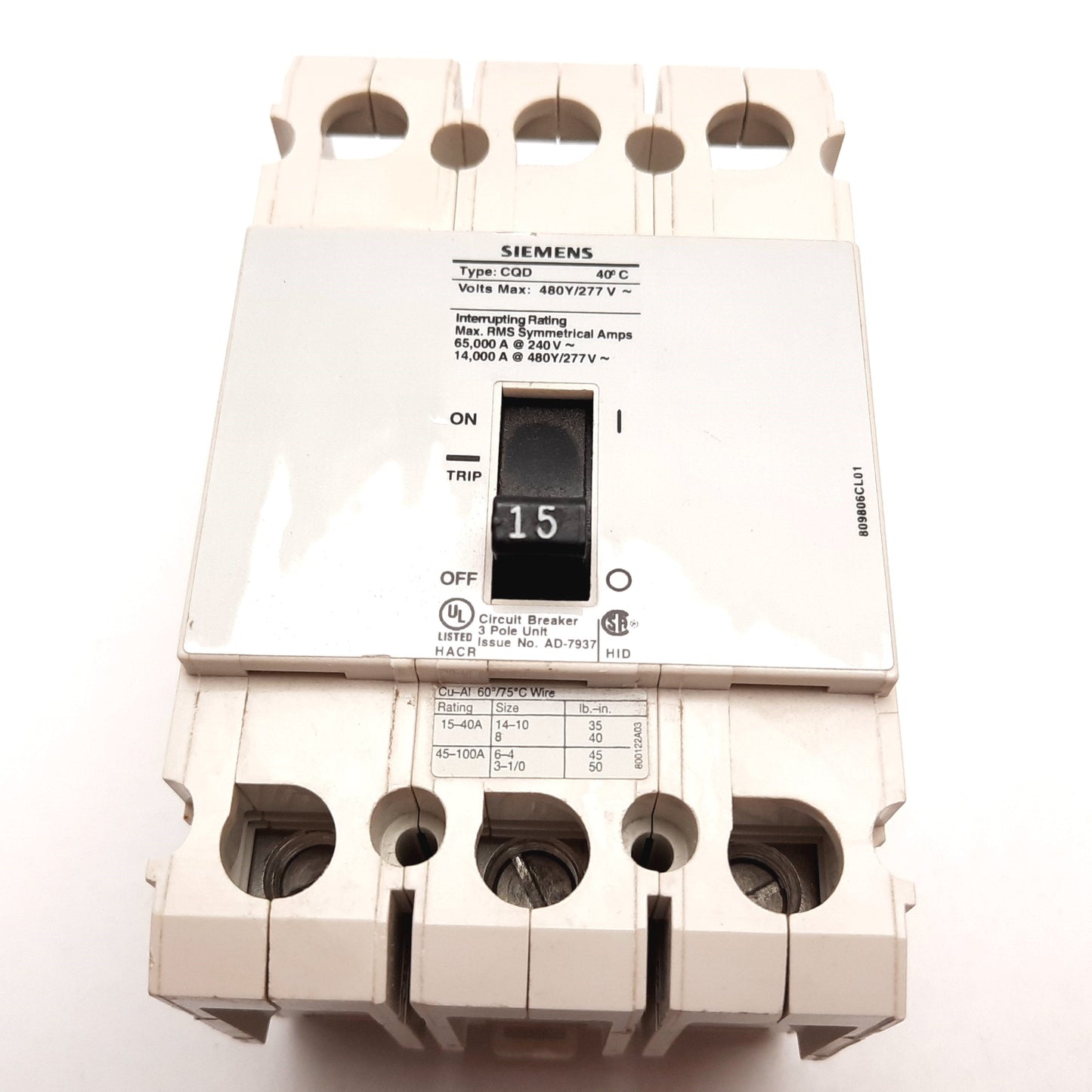 New Siemens CQD315 Circuit Breaker, 3-Pole, Rating: 15A 480Y/277VAC, DIN Rail Mount