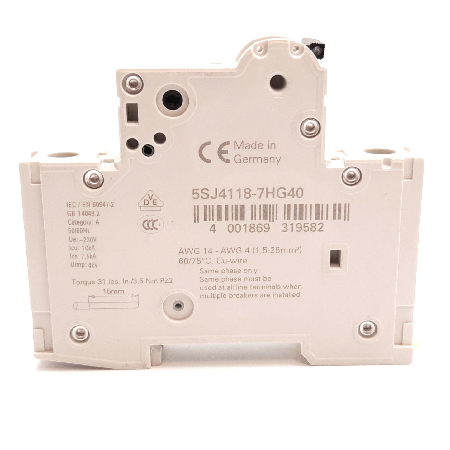 New Siemens 5SJ4118-7HG40 Circuit Breaker, 1-Pole, C-Curve, Rating: 15A 240VAC 60VDC