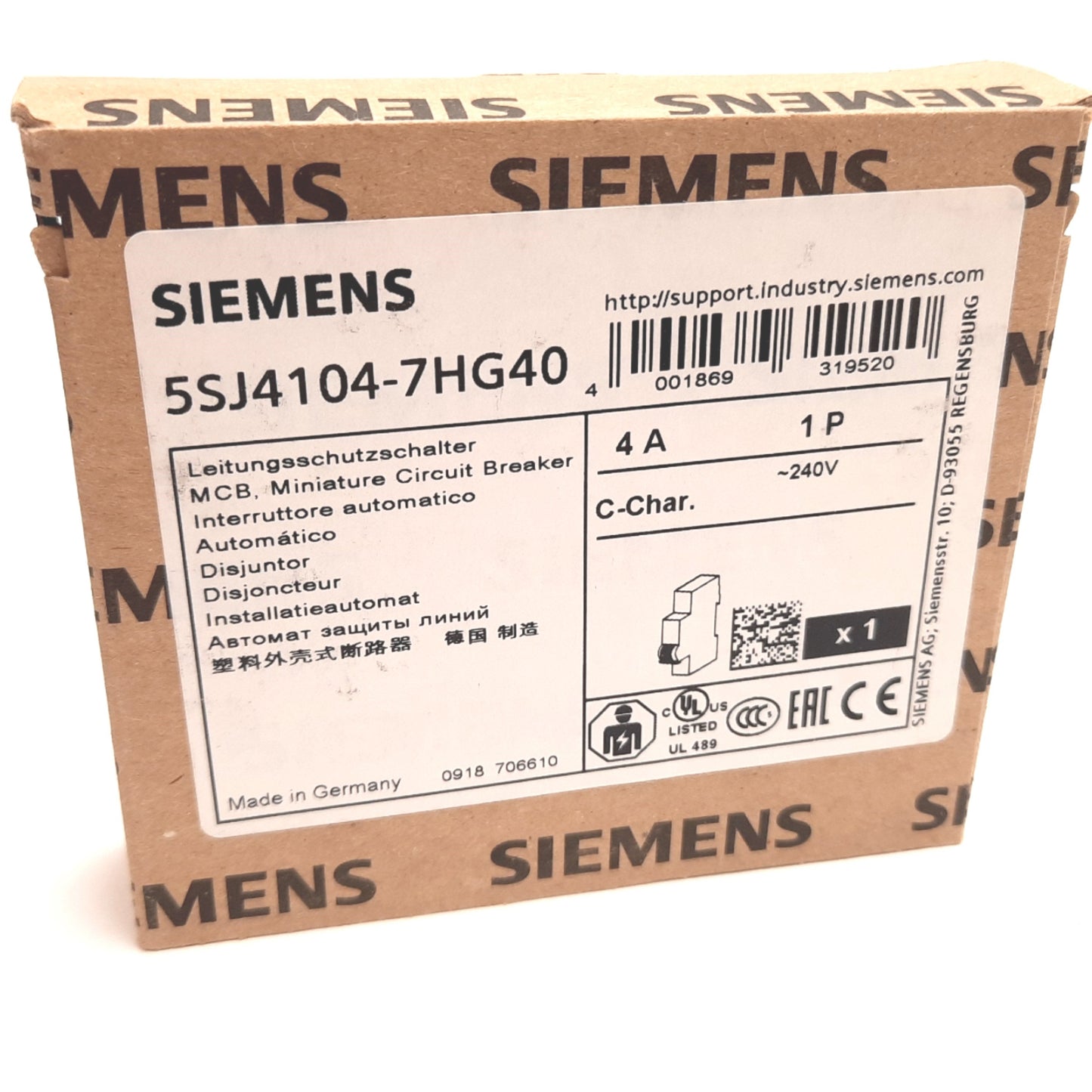 New Siemens 5SJ4104-7HG40 Circuit Breaker, 1-Pole, C-Curve, Rating: 4A 240VAC 60VDC