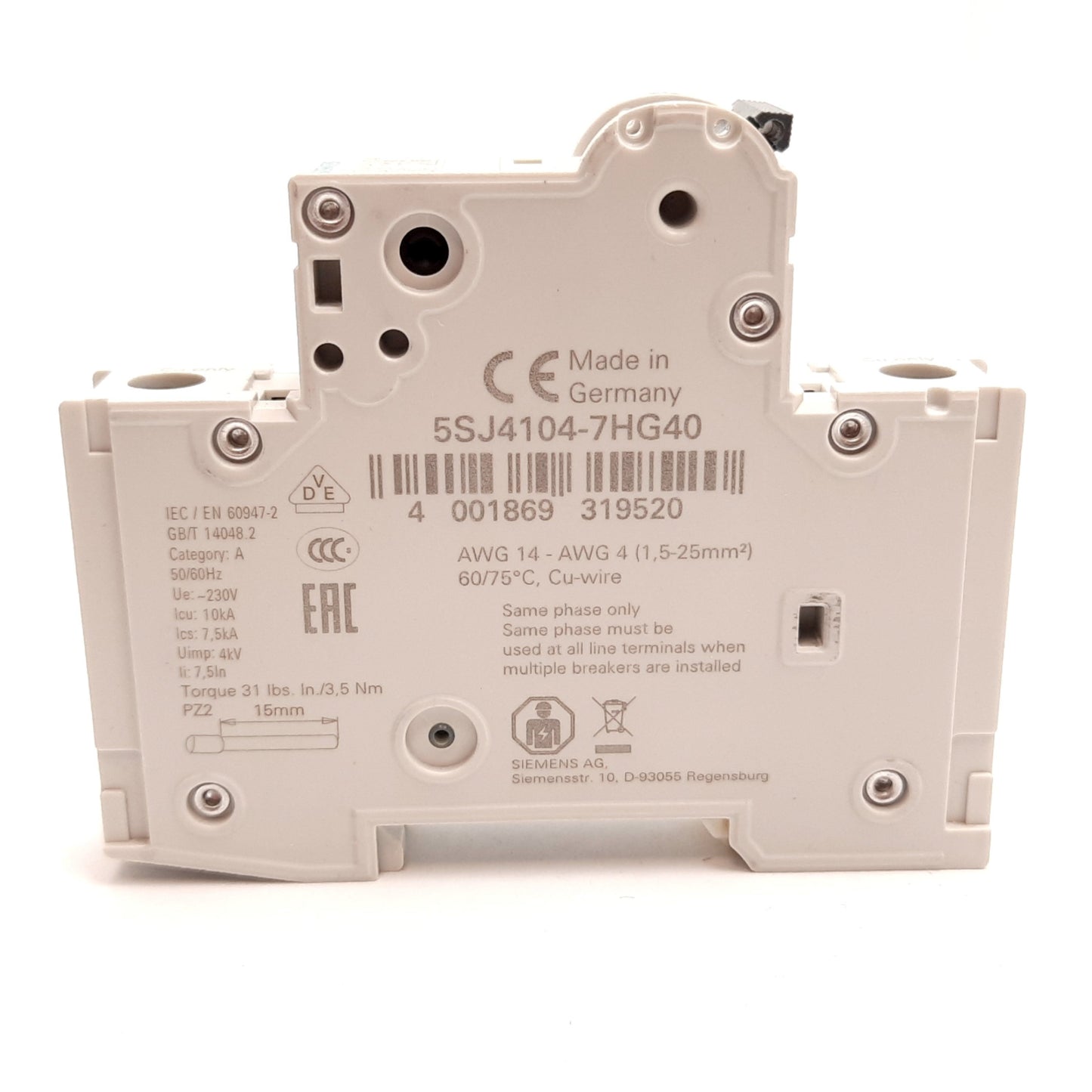 New Siemens 5SJ4104-7HG40 Circuit Breaker, 1-Pole, C-Curve, Rating: 4A 240VAC 60VDC