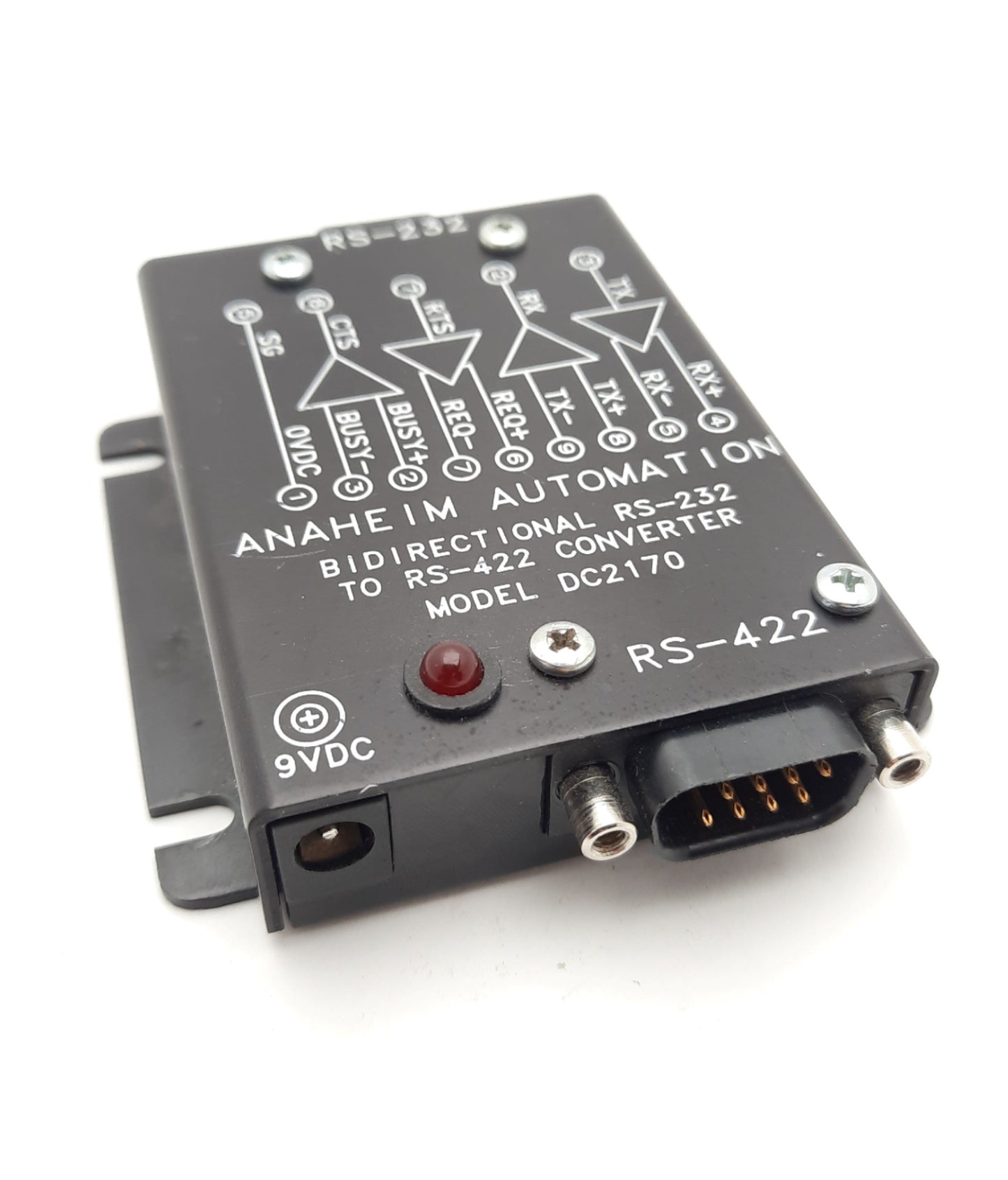 Used Anaheim DC2170 Bidirectional RS-232 to RS-422 Converter, Supply 9VDC, 9-Pin