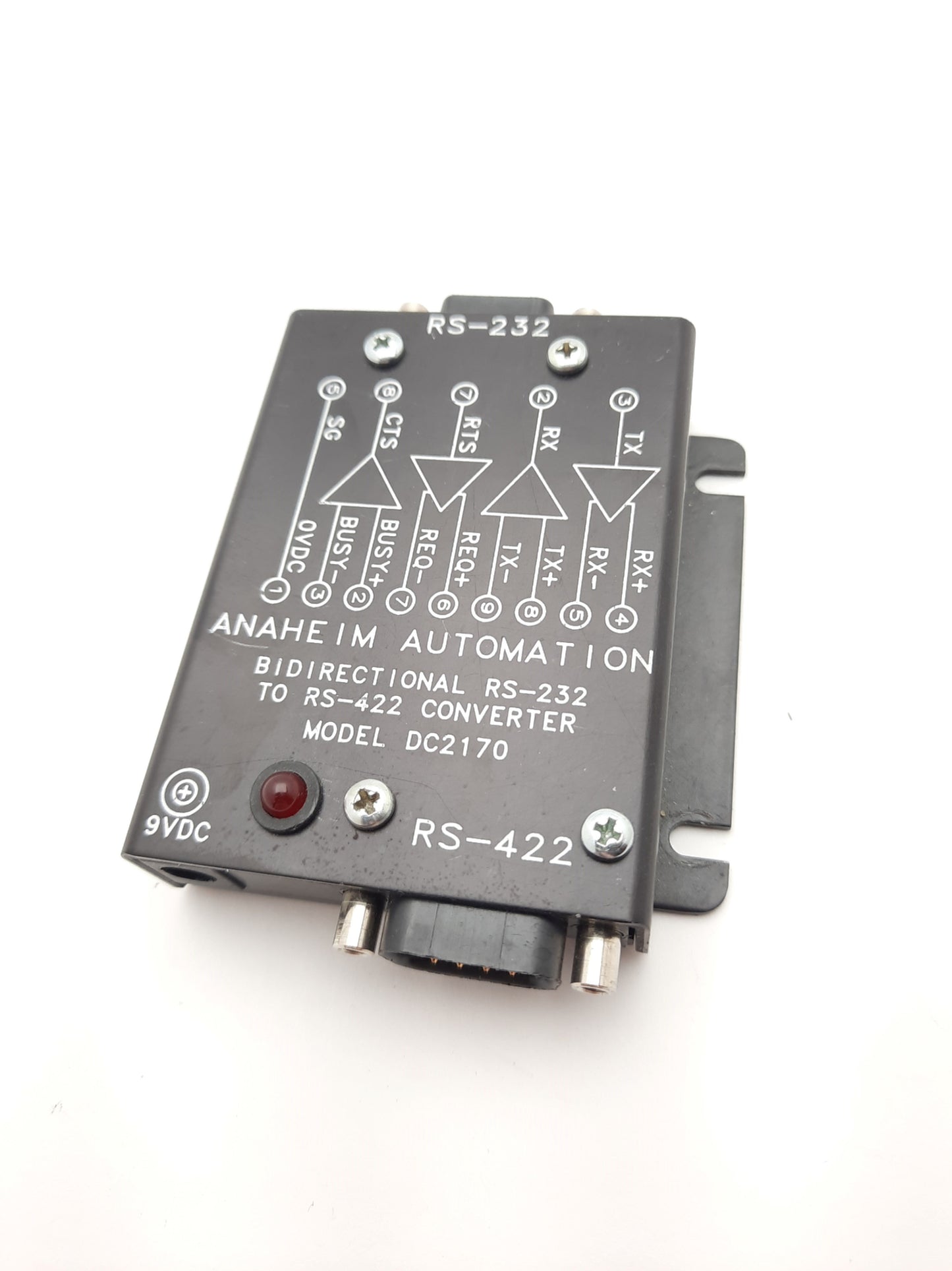 Used Anaheim DC2170 Bidirectional RS-232 to RS-422 Converter, Supply 9VDC, 9-Pin