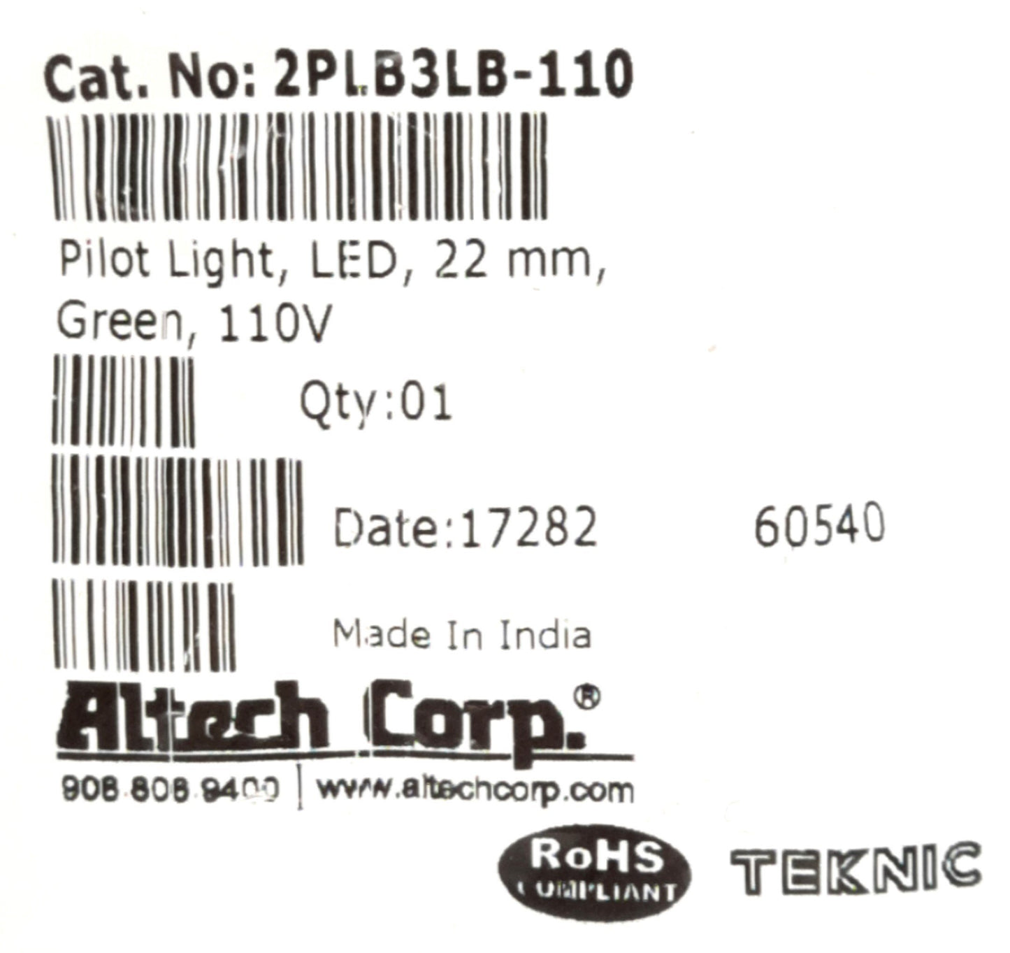 New Altech Corp 2PLB3LB-110 Indicator/Pilot-Light 22mm, 110VAC, Green, 15mA