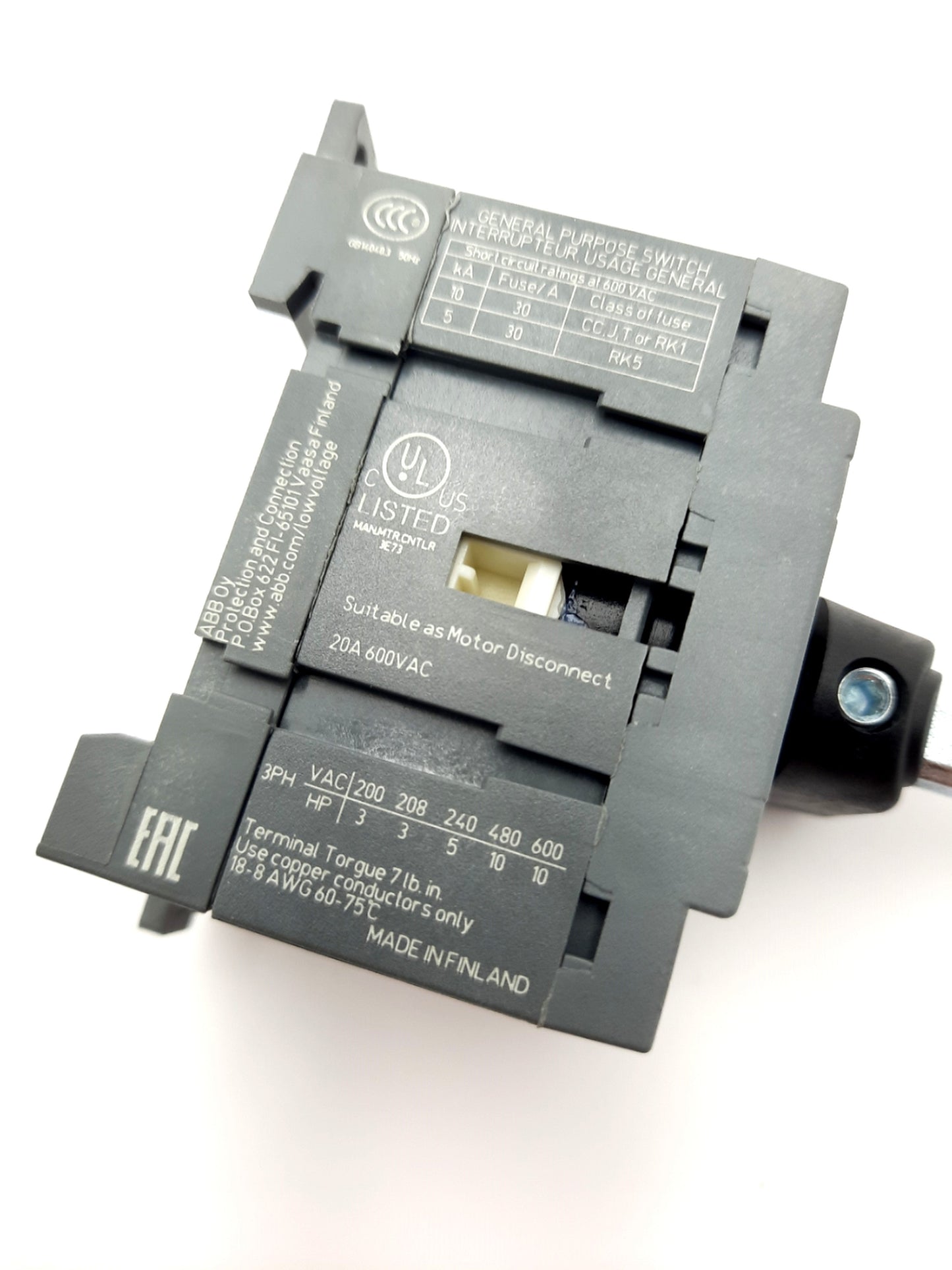 Used ABB OT16F3 Disconnect Switch 5" Shaft & Selector Handle 20A 600V 10HP 3-Pole