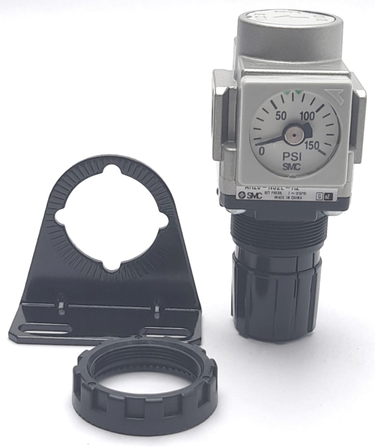 New SMC AR20-N02E-RZ AR20P-270AS Regulator With 150 PSI Gauge, 1/4" NPT, 7-125 Psi