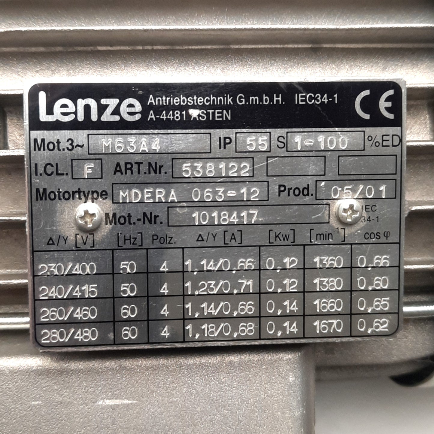 Used Lenze M634A Gear Motor With M045FB1/70C18 063/B14B3 Gear Box, 70:1, 29Nm Output