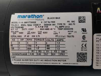 Used Marathon 56H17T5302E AC Motor 1HP 1725RPM 56C Frame 5/8" Shaft 3? 230/460AC