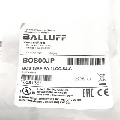 New Balluff BOS 18KF-PA-1LOC-S4-C Photoelectric Sensor, 24v DC, PNP NO/NC, BOS00JP