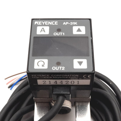 Used Keyence AP-31K Air Pressure Sensor, 12-24VDC, Negative-Pressure -101.3kPa, NPN