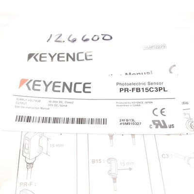 New Keyence PR-FB15C3PL Photoelectric Sensor, 15mm, 10-30VDC, PNP, 3-Pin M8