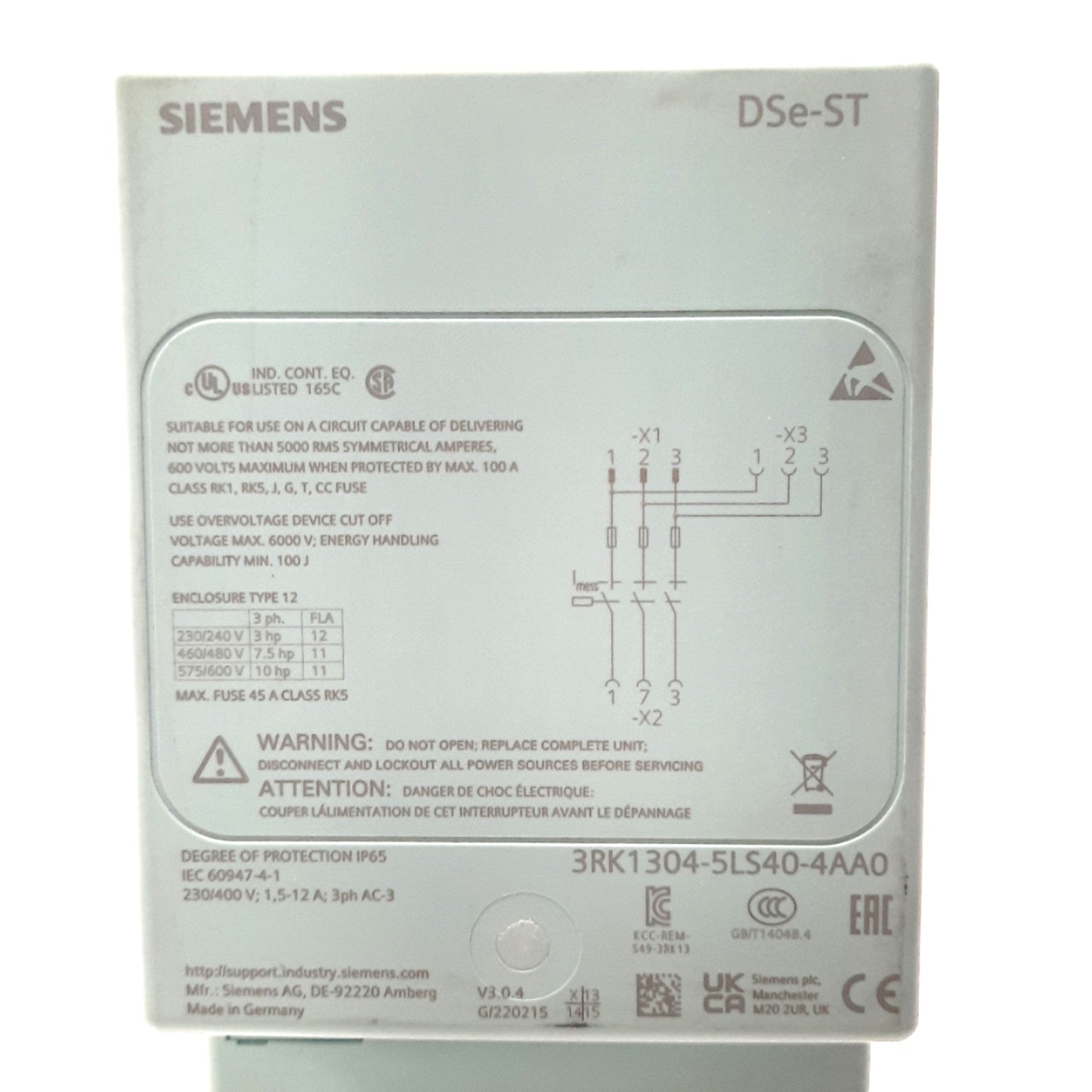 Used Siemens 3RK1304-5LS40-4AA0 DOL Motor Starter 3-Pole, 230/400V AC 1.5-12A 3Ph