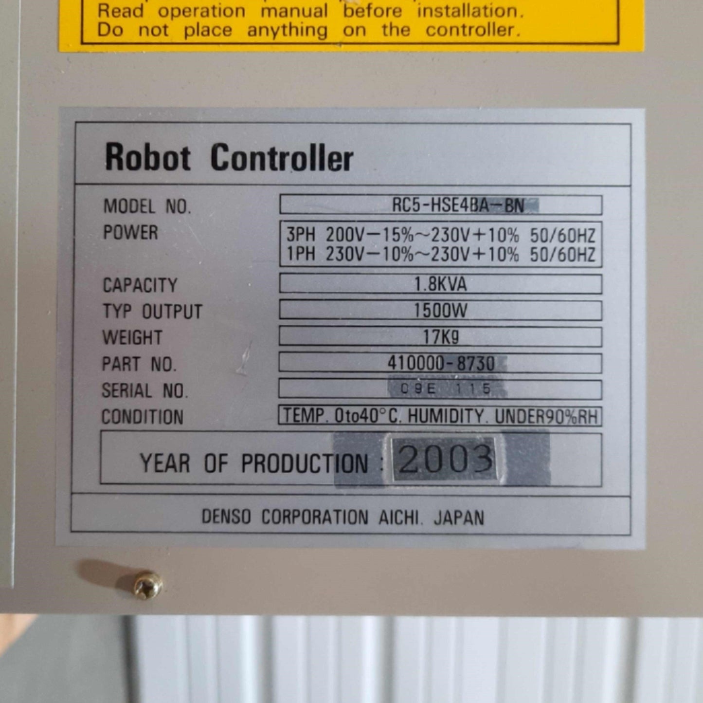 Used DENSO HS-45552EM & RC5 SCARA Robot System 5kg Load 550mm Reach 7100mm/s 230VAC
