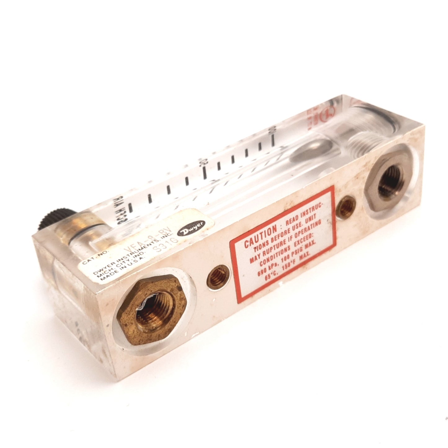 Used Dwyer VFA-8-BV Flowmeter, Range: 10-100 SCFH Air, Pressure: 100psi Max, 1/8" NPT