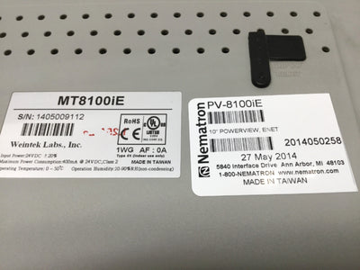Used Weintek MT8100iE HMI Operator Panel 10" Color TFT, 800 x 480, USB/Ethernet/COM