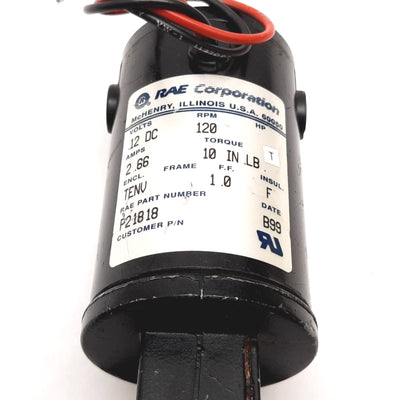 Used RAE Corporation P21818 DC Motor, 12VDC, 120RPM, Right Angle 8mm Shaft