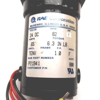 Used RAE Corporation P21941 DC Motor, 24VDC, 0.65A, 82RPM, 6.3 inlbs, 8mm Shaft