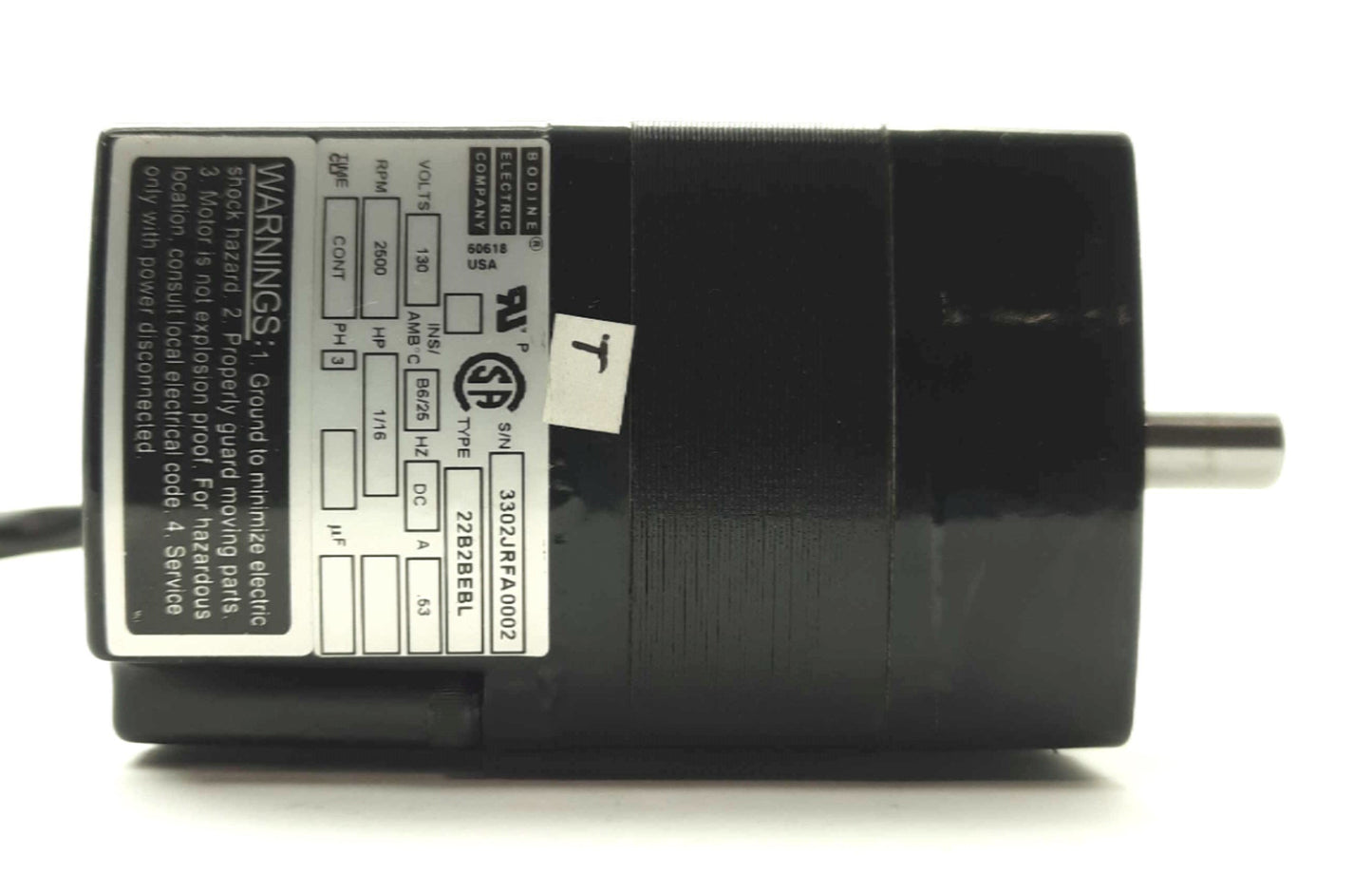 Used Bodine Electric 22B2BEBL Brushless DC Motor, 1/16HP, 25oz-in, 2500RPM, 130VDC