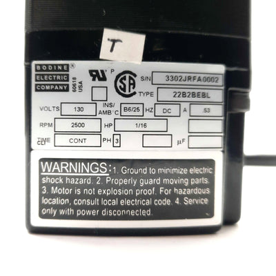 Used Bodine Electric 22B2BEBL Brushless DC Motor, 1/16HP, 25oz-in, 2500RPM, 130VDC