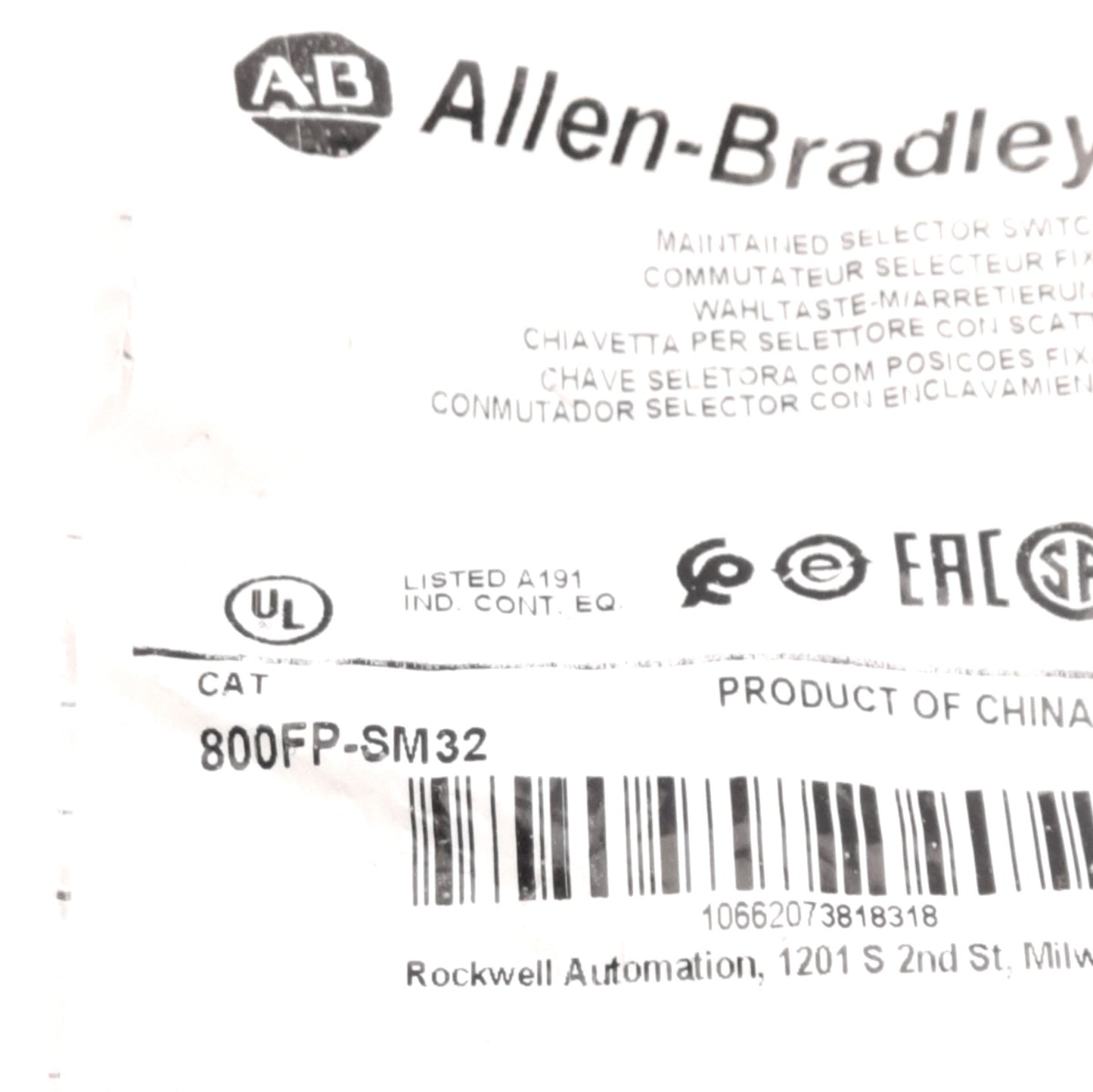 New Allen Bradley 800FP-SM32 Selector Switch, 3-Position Maintained, 22.5 mm