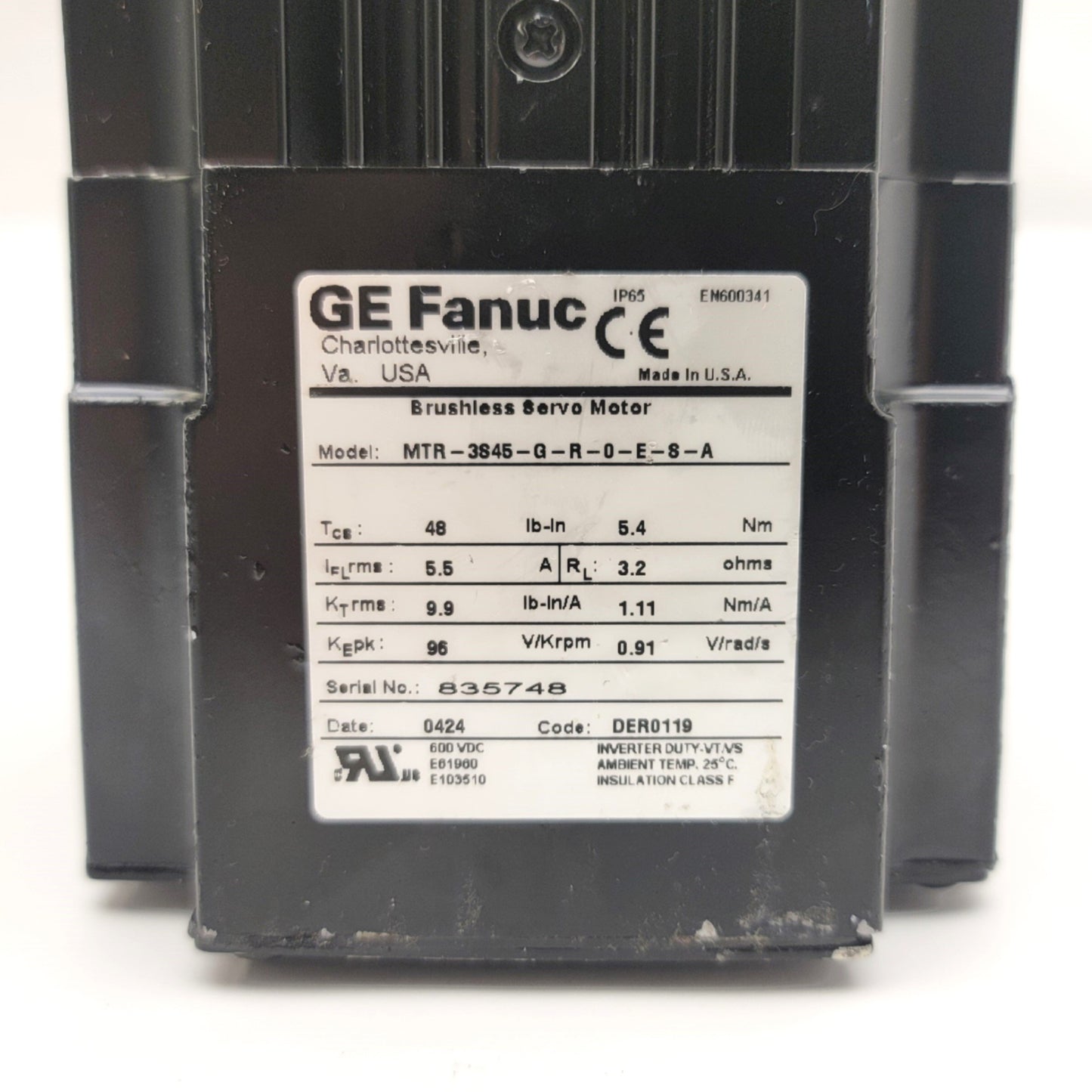 Used GE Fanuc MTR-3S45-G-R-0-E-S-A Brushless Servo Motor 48lb-in 2800RPM 110mm Frame