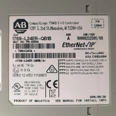 Used Allen Bradley 1769-L24ER-QB1B Ser A CompactLogic PLC Processor, 32-Point, 24VDC