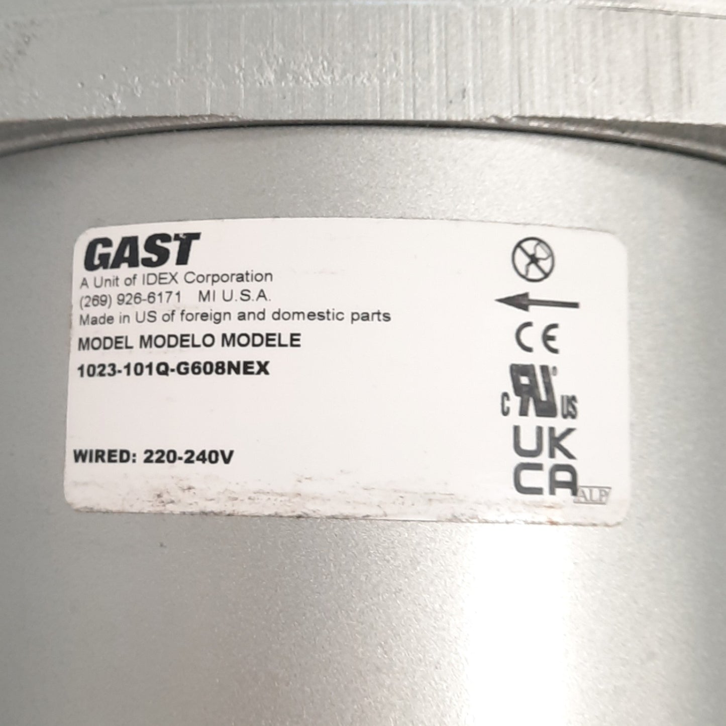 Used GAST 1023-101Q-G608NEX Rotary Vane 0.56kW 26.5inHg 8.3-10CFM 3/8"NPT 115/230VAC