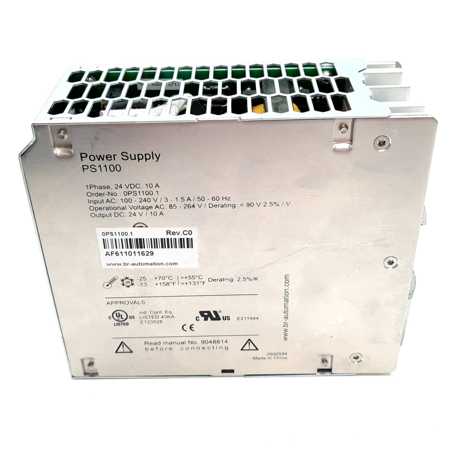 Used B&R Automation PS1100 Power Supply, Input: 100-240VAC 3-1.5A, Output: 24VDC 10A