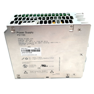 Used B&R Automation PS1100 Power Supply, Input: 100-240VAC 3-1.5A, Output: 24VDC 10A