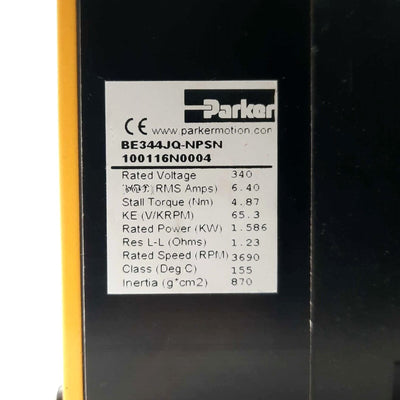 Used Parker BE344JQ-NPSN BE Series Servo Motor, 2980RPM, 6.4A, 4.86Nm, NEMA 34