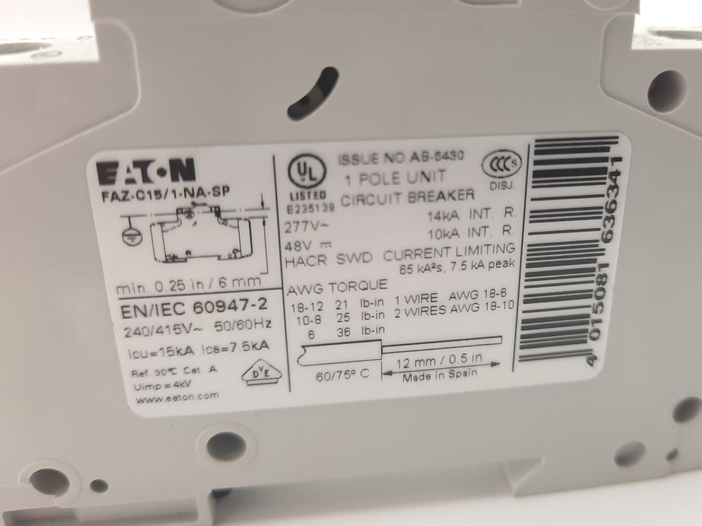 Used Eaton FAZ-C15/1-NA Miniature Circuit Breaker 1-Pole C-Curve, 15A 277VAC 48VDC