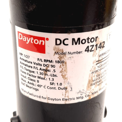 Used Dayton 4Z142 Permanent Magnet DC Motor, 90VDC, 0.5A, 1/27HP, 1800RPM