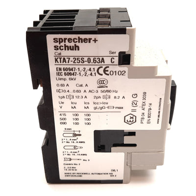Used Sprecher Schuh KTA7-25S-0.63A Manual Motor Starter, 3-Pole, W/ KT7-PE1-10 Aux