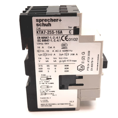 Used Sprecher Schuh KTA7-25S-16A Manual Motor Starter, 3-Pole, W/ KT7-PE1-10 Aux