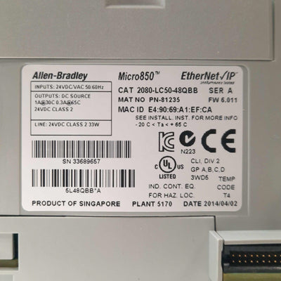 Used Allen Bradley 2080-LC50-48QBB Micro850 PLC, 5-Slot, 48x I/O, Ethernet/IP, 24VDC