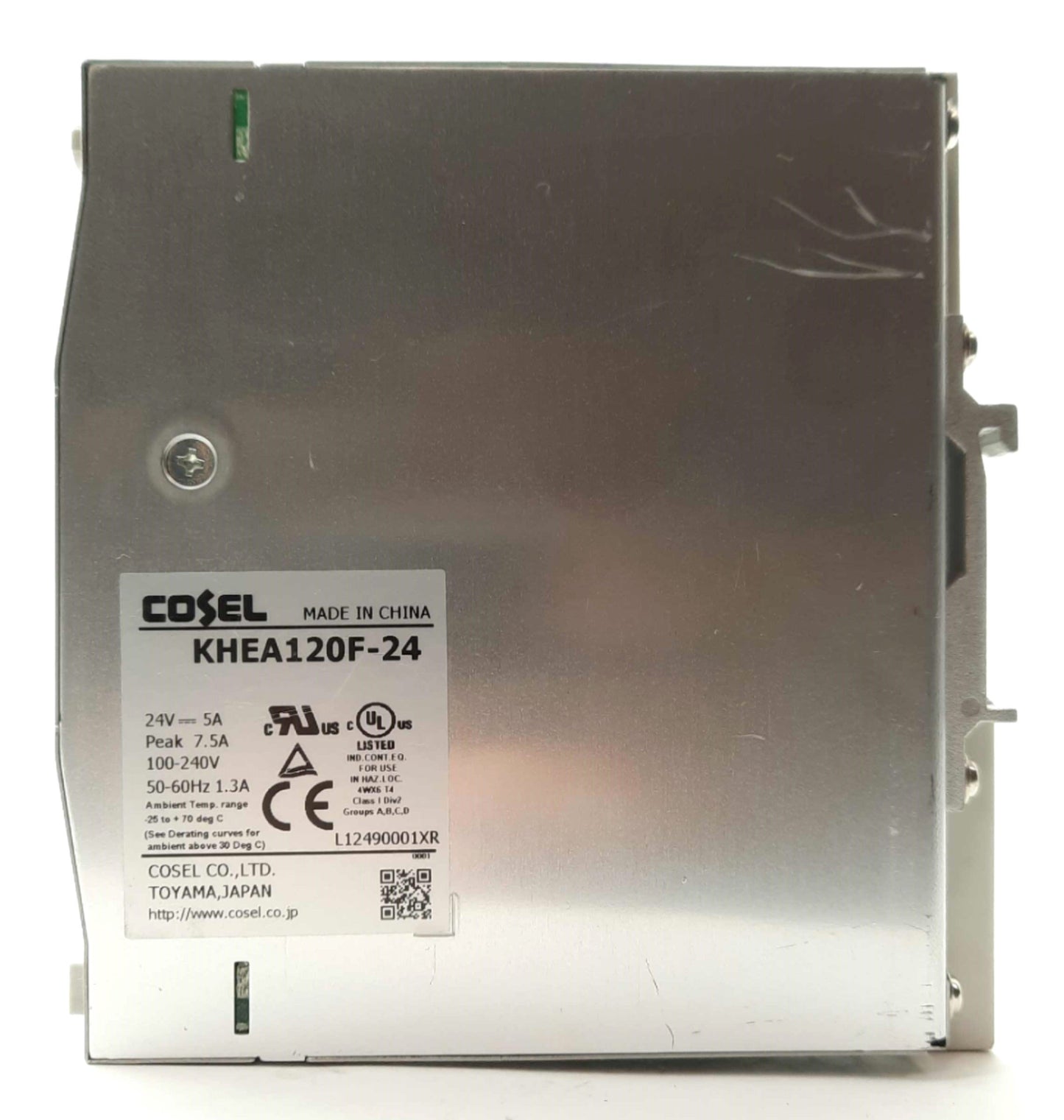 Used Cosel KHEA120F-24 DC Power Supply 24VDC 5A Output 100-240VAC 1.3A Input DIN Rail